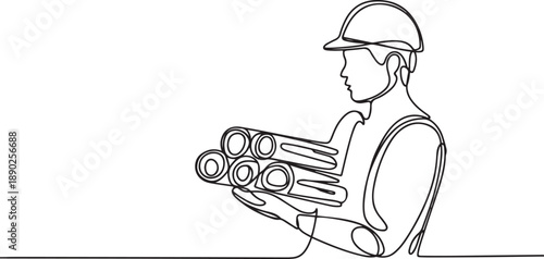 Single continuous line drawing of young lumberjack wearing helmet and glove while carrying pile of woods. Carpenter building maintenance service concept. one line Icon drawing