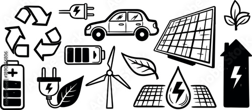 Black and white flat design icons representing renewable energy sources with electric car battery wind turbine solar panels and recycling symbols