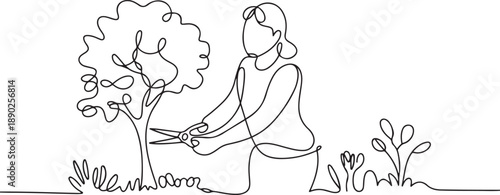 Single continuous line drawing gardener works in garden worker with scissors cuts green tree, takes care of plants agricultural worker. Spring gardening. one line Icon drawing