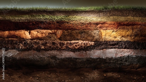 Cross-section of soil showing layers, including grass, various earth tones, and textures