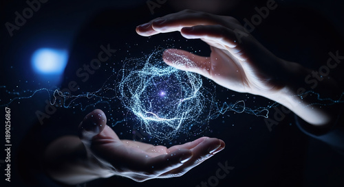 Conceptual visualization of hands protecting a glowing light core with horizontal particle waves, depicting cyber security and data harmony.