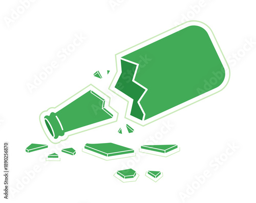 Broken green glass bottle shattering into pieces