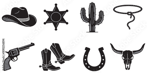 Collection of Western-themed icons including a cowboy hat, sheriff badge, cactus, lasso, revolver, cowboy boots, horseshoe, and bull skull.