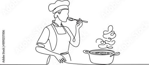 One continuous line drawing of young female chef tasting and smelling soup curry with wooden spoon. Healthy food preparation on commercial kitchen concept. one line Icon drawing