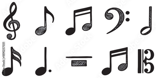 A collection of hand-drawn musical notes and symbols, including a treble clef, bass clef, and various note durations, presented on a white background.