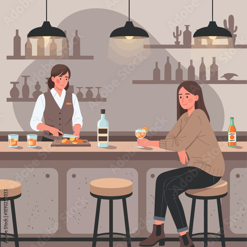 Woman Sitting at Bar Counter with Bartender.