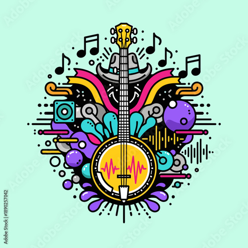Colorful Banjo Music Illustration with Notes.