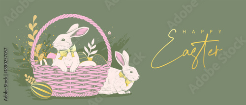 Happy Easter  poster or greeting card with rabbits, floral decorative elements, basket and Easter eggs on green background. Vector illustration