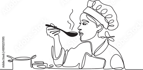 One continuous line drawing of young female chef tasting and smelling soup curry with wooden spoon. Healthy food preparation on commercial kitchen concept. one line Icon drawing