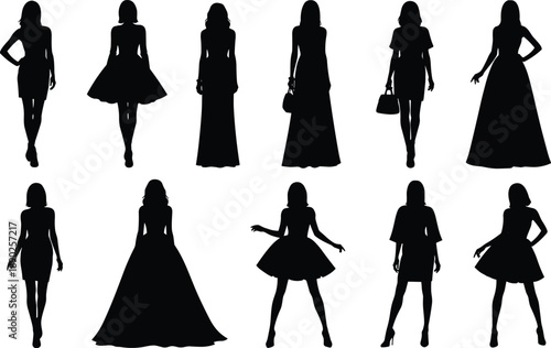 Elegant woman silhouette collection featuring female fashion poses in dresses and gowns, stylish female figures set for beauty, modeling and apparel design isolated on white background