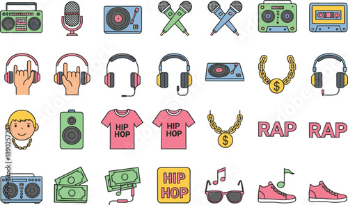 Hip hop and rap music icon set with microphones headphones cassette player chains sneakers and street culture elements
