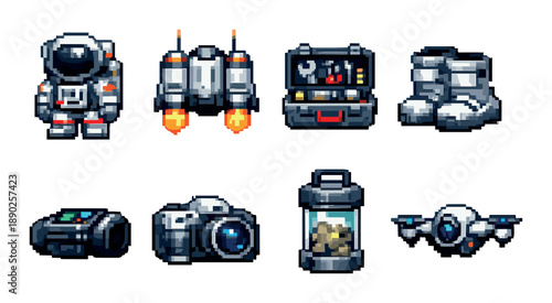 Pixel art space exploration icons featuring astronaut, jetpack, tools, boots, camera, drone, samples