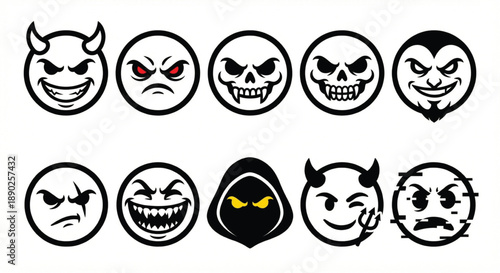 Collection of menacing and spooky emoji icons depicting devils, skulls, and angry faces