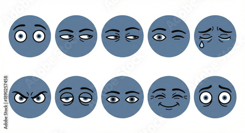 A collection of blue circular emojis depicting various eye expressions and emotions