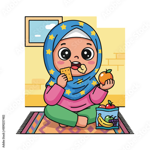Cute cartoon girl wearing a headscarf eating snacks and fruit