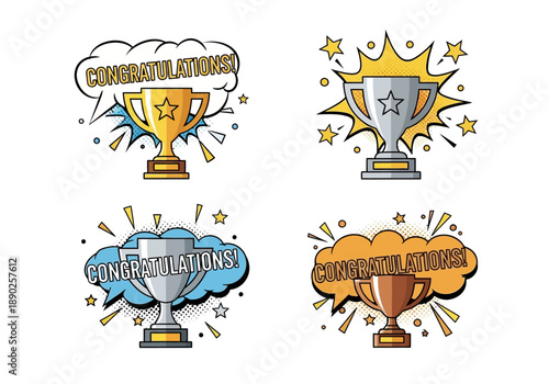 Collection of stylized trophy illustrations celebrating achievements and success