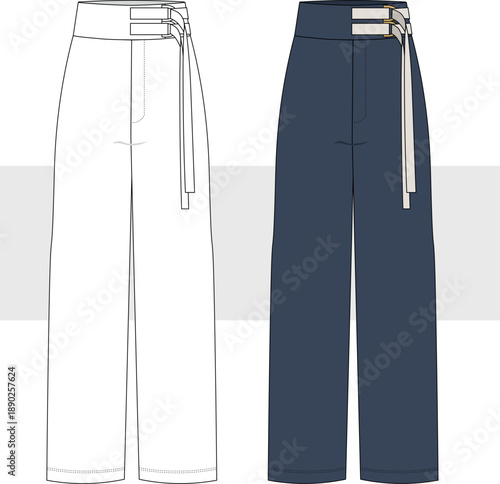 Women Baggy pants, Trouser, Mom-fit Jeans with belted detail Fashion Flat Sketch Vector illustration, CAD, Mockup Set.