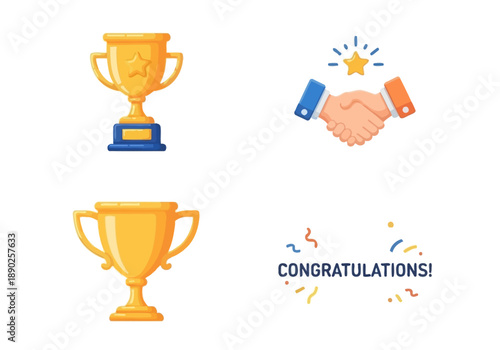 Celebratory trophies and handshake symbolizing achievement and partnership in a congratulatory context