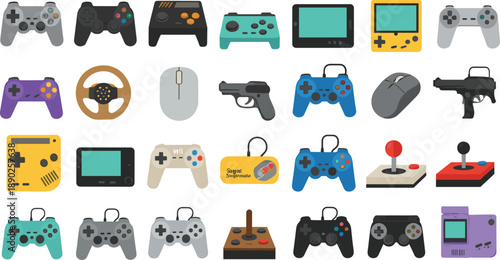 Video game controller and console icon set with joysticks handheld devices retro pads and gaming accessories