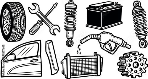 Hand drawn black and white car tire shock absorber gear fuel pump radiator battery wrench and screwdriver automotive parts set
