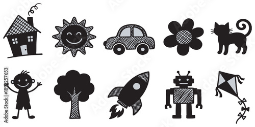A collection of simple, hand-drawn black silhouette icons representing various elements of childhood and everyday life.