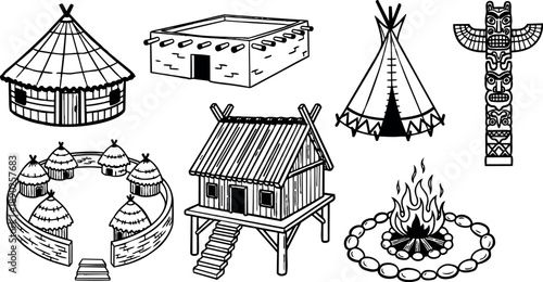 Black and white vector art of indigenous homes tipi totem pole firewood roundhouse adobe ceremonial structures in simple outline design