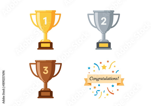 A congratulatory scene featuring three trophies and a celebratory badge with colorful stars and ribbons