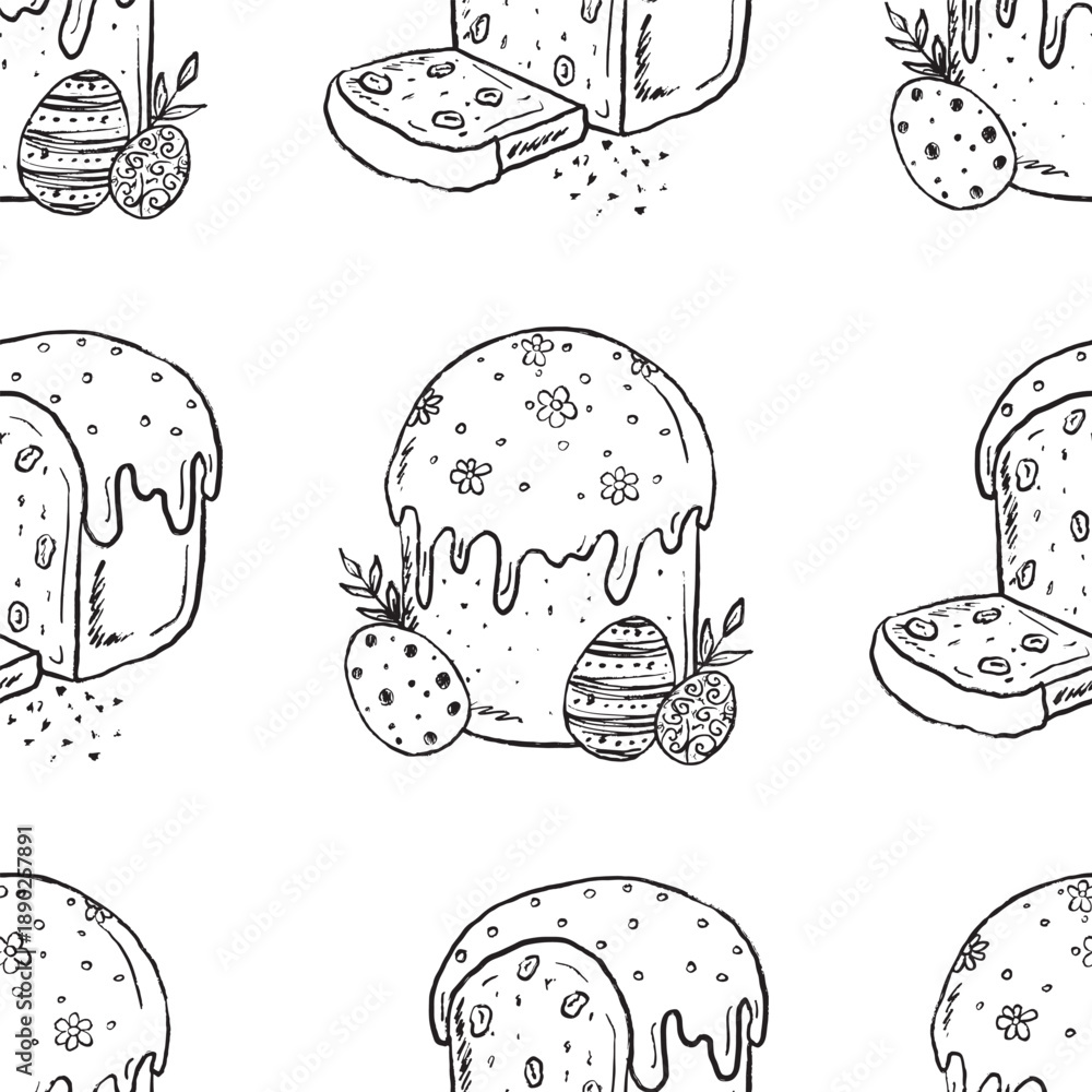Fototapeta premium Hand drawn seamless pattern with traditional Easter cake with icing and decorated eggs. Vector sketch illustration in vintage doodle crayon charcoal style.