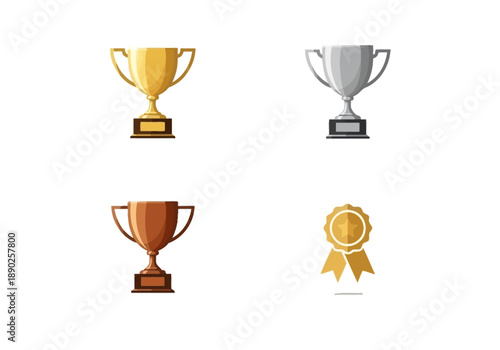 Awards and trophies illustration showcasing gold, silver, and bronze cups with a medal ribbon on a clean white background