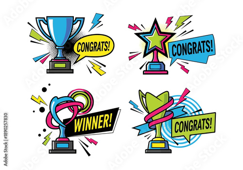 Celebratory trophies and congratulatory messages in a vibrant graphic illustration