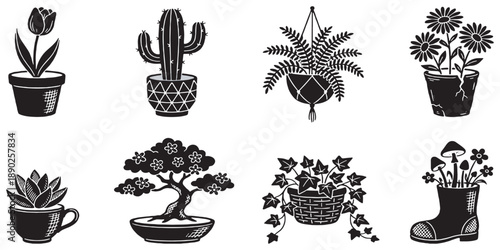 Collection of eight black and white illustrations of various potted plants and flowers, including a tulip, cactus, fern, daisies, succulent, bonsai tree, ivy, and mushrooms in a boot.