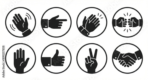 Diverse hand gestures icon set illustrating human communication and interaction