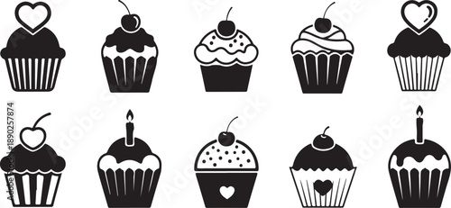 Collection of adorable black and white cupcake icons for various celebrations
