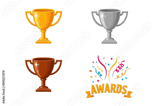 Awards ceremony illustration featuring three trophies and celebratory decorations on a white background