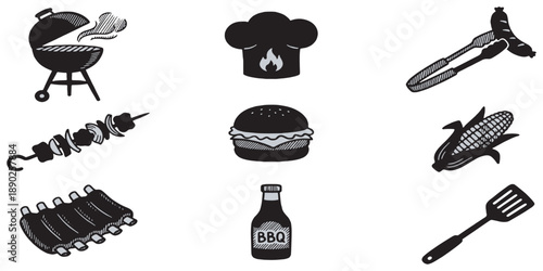 Collection of black and white icons representing barbecue and grilling essentials, including a grill, chef's hat, tongs, skewers, burger, corn, ribs, sauce bottle, and spatula.