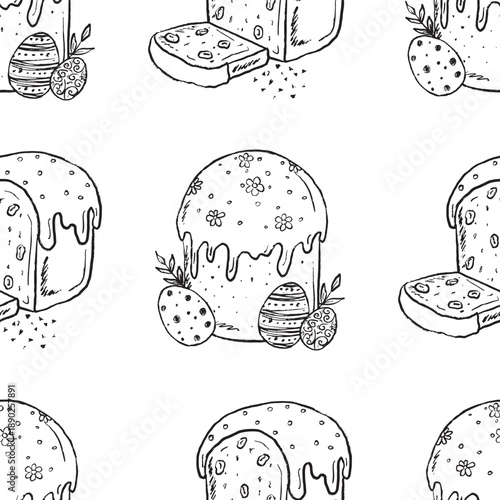 Hand drawn seamless pattern with traditional Easter cake with icing and decorated eggs. Vector sketch illustration in vintage doodle crayon charcoal style.