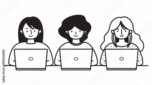 Flat people vector illustration, diverse characters working remotely with laptops, modern lifestyle concept, minimal shapes, soft shadows, friendly color palette, white background, clean stock vector 