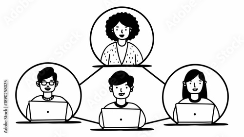 Flat people vector illustration, diverse characters working remotely with laptops, modern lifestyle concept, minimal shapes, soft shadows, friendly color palette, white background, clean stock vector 