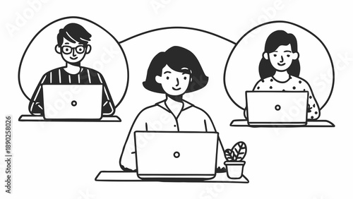 Flat people vector illustration, diverse characters working remotely with laptops, modern lifestyle concept, minimal shapes, soft shadows, friendly color palette, white background, clean stock vector 