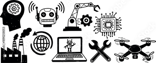 Black and white vector icons representing robotics, artificial intelligence, industrial automation, drone technology, and global connectivity concepts