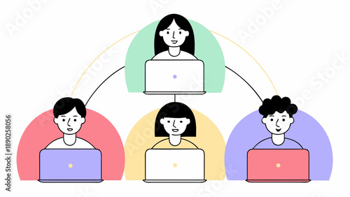 Flat people vector illustration, diverse characters working remotely with laptops, modern lifestyle concept, minimal shapes, soft shadows, friendly color palette, white background, clean stock vector 