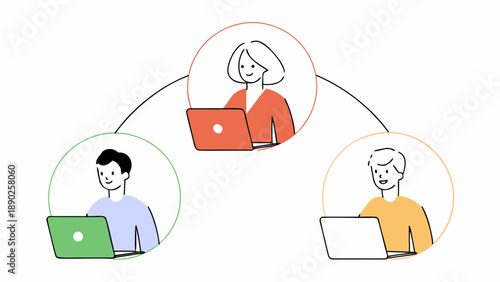 Flat people vector illustration, diverse characters working remotely with laptops, modern lifestyle concept, minimal shapes, soft shadows, friendly color palette, white background, clean stock vector 