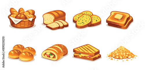 Assortment of breads and sandwiches: basket, sliced loaf, garlic bread, buttered toast, rolls, stuffed bread, toasted sandwich, croutons