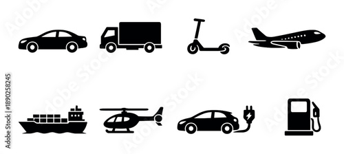 Silhouette icons of various transportation modes on dark background
