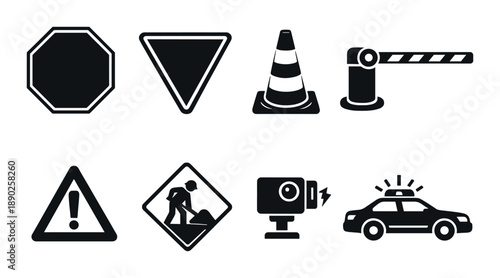 Black road safety icons including traffic cone and police car