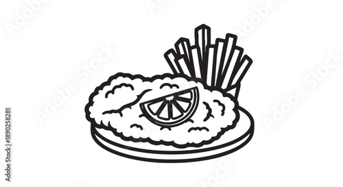 A simple line drawing of a meal with food on a plate viewed from directly above