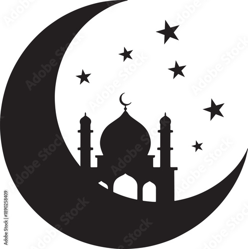 Moon and Mosque Islamic Symbol Illustration - islamic, islam, mosque, masjid, crescent moon, moon, ramadan, ramadan kareem, eid, eid mubarak,