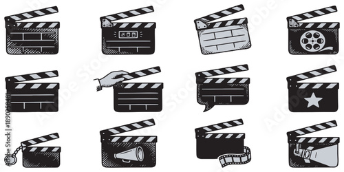 Collection of twelve different clapperboard icons representing movie production and filmmaking elements.