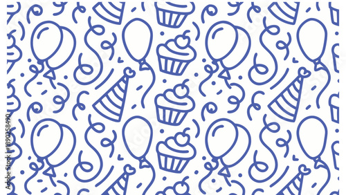 Blue and white birthday pattern with cupcakes balloons and confetti on white background