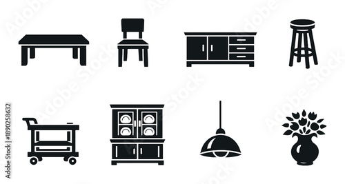 Black silhouette icons of furniture on gradient gray background